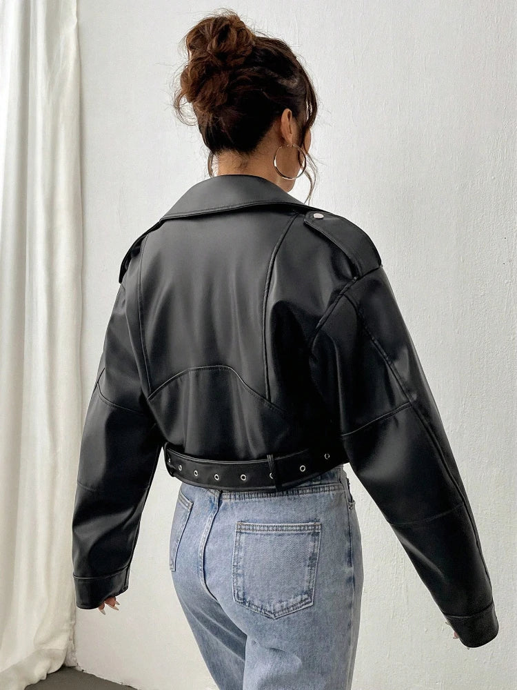 Spring Autumn Casual Lapel Zipper Pu Leather High Street Motorcycle Jacket