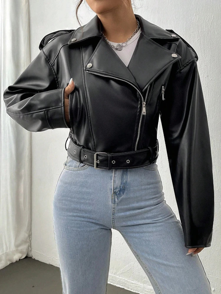Spring Autumn Casual Lapel Zipper Pu Leather High Street Motorcycle Jacket