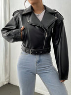 Spring Autumn Casual Lapel Zipper Pu Leather High Street Motorcycle Jacket