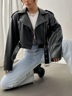 Spring Autumn Casual Lapel Zipper Pu Leather High Street Motorcycle Jacket