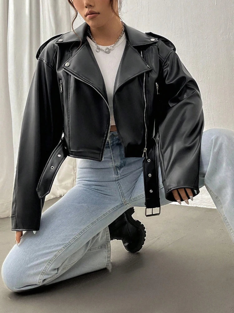 Spring Autumn Casual Lapel Zipper Pu Leather High Street Motorcycle Jacket