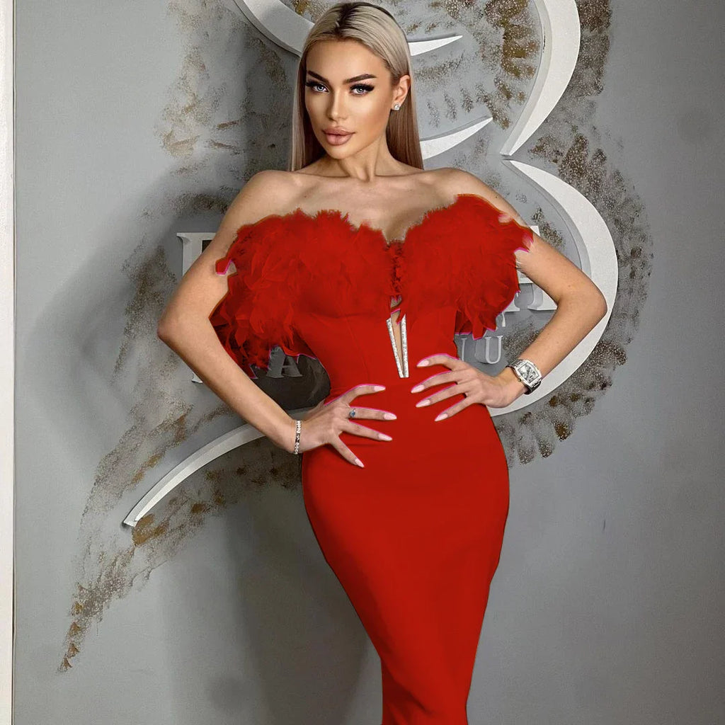 Feather Off-Shoulder Midi Party Dress