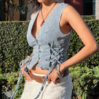Denim Button V-Neck Crop Top