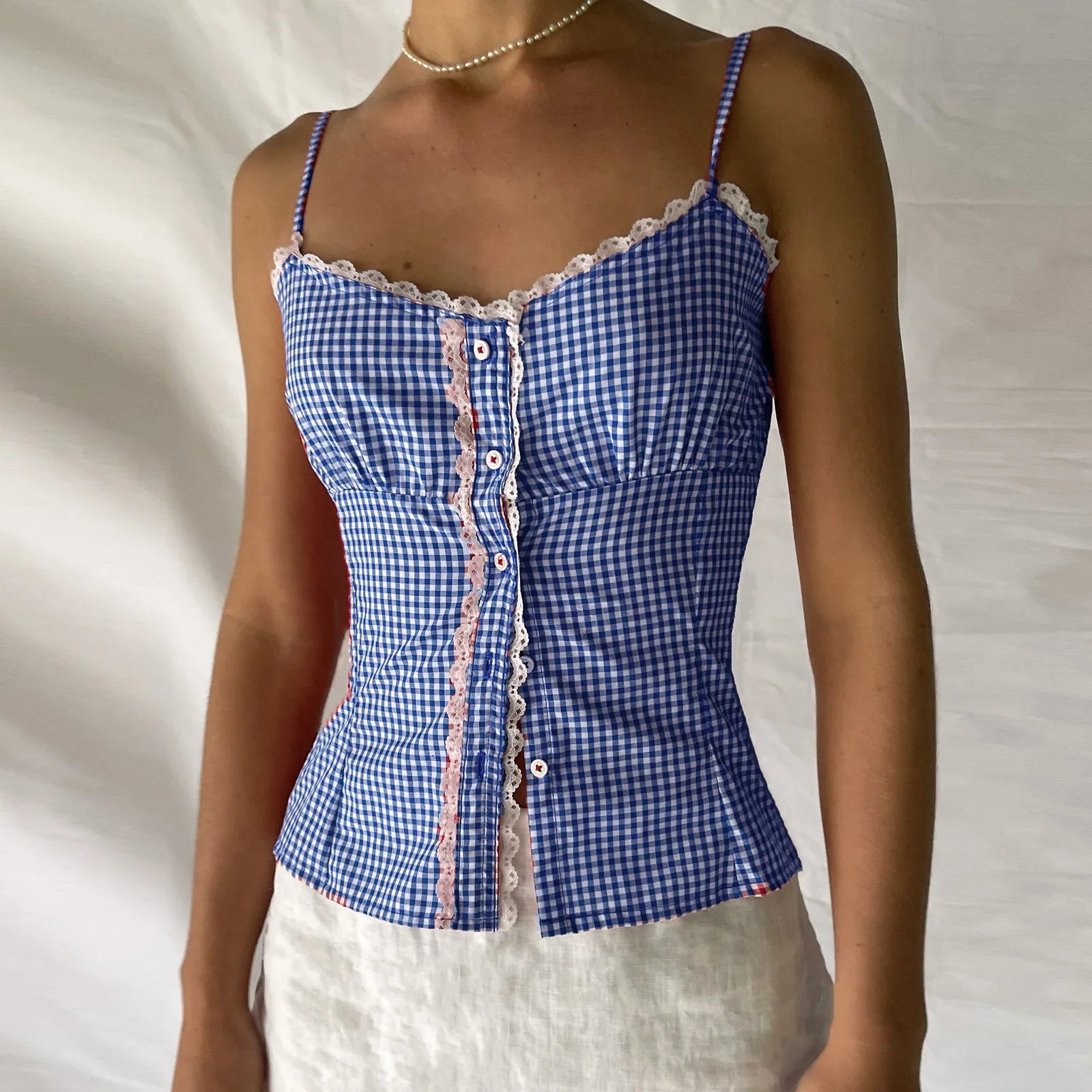 Gingham Checkered Lace Crop Top