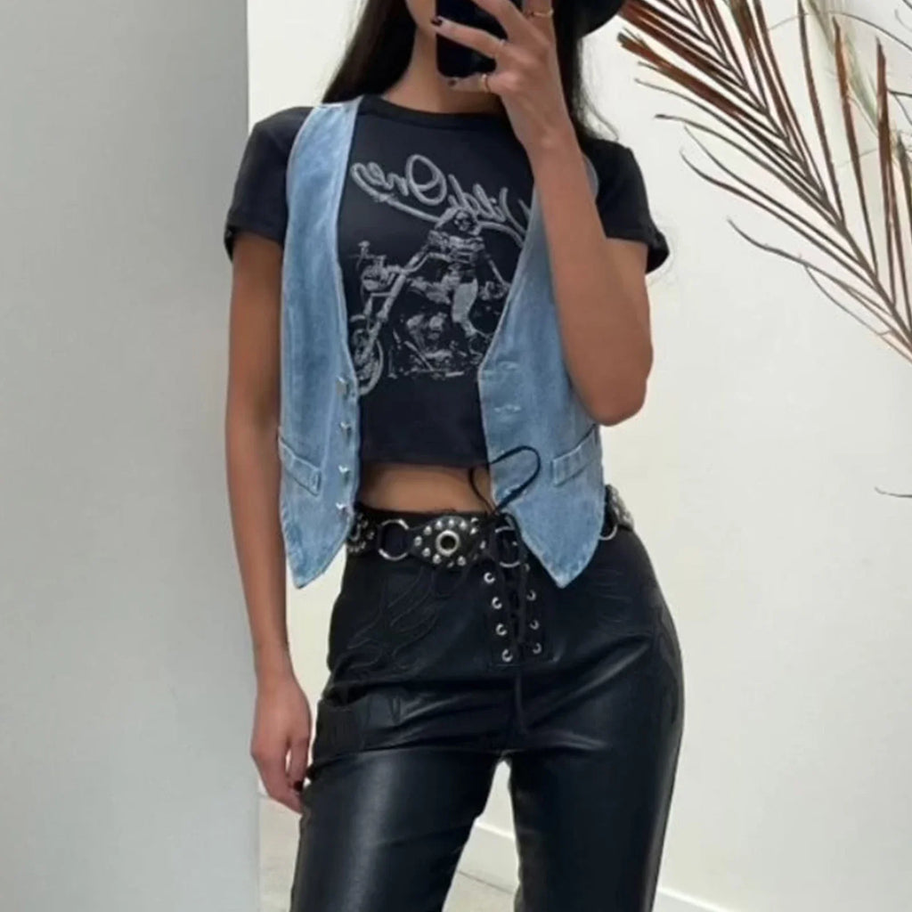 Denim Button Cowgirl Crop Top