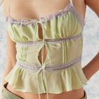 Sheer Lace-Up Spaghetti Crop Top