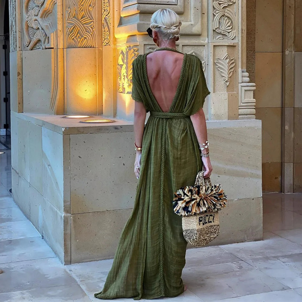 Bohemia Holiday Dress Elegant Solid Casual Loose Long Dresses Summer Party