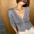Silk Pearl Button V-Neck Cardigan