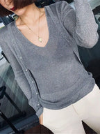 Silk Pearl Button V-Neck Cardigan