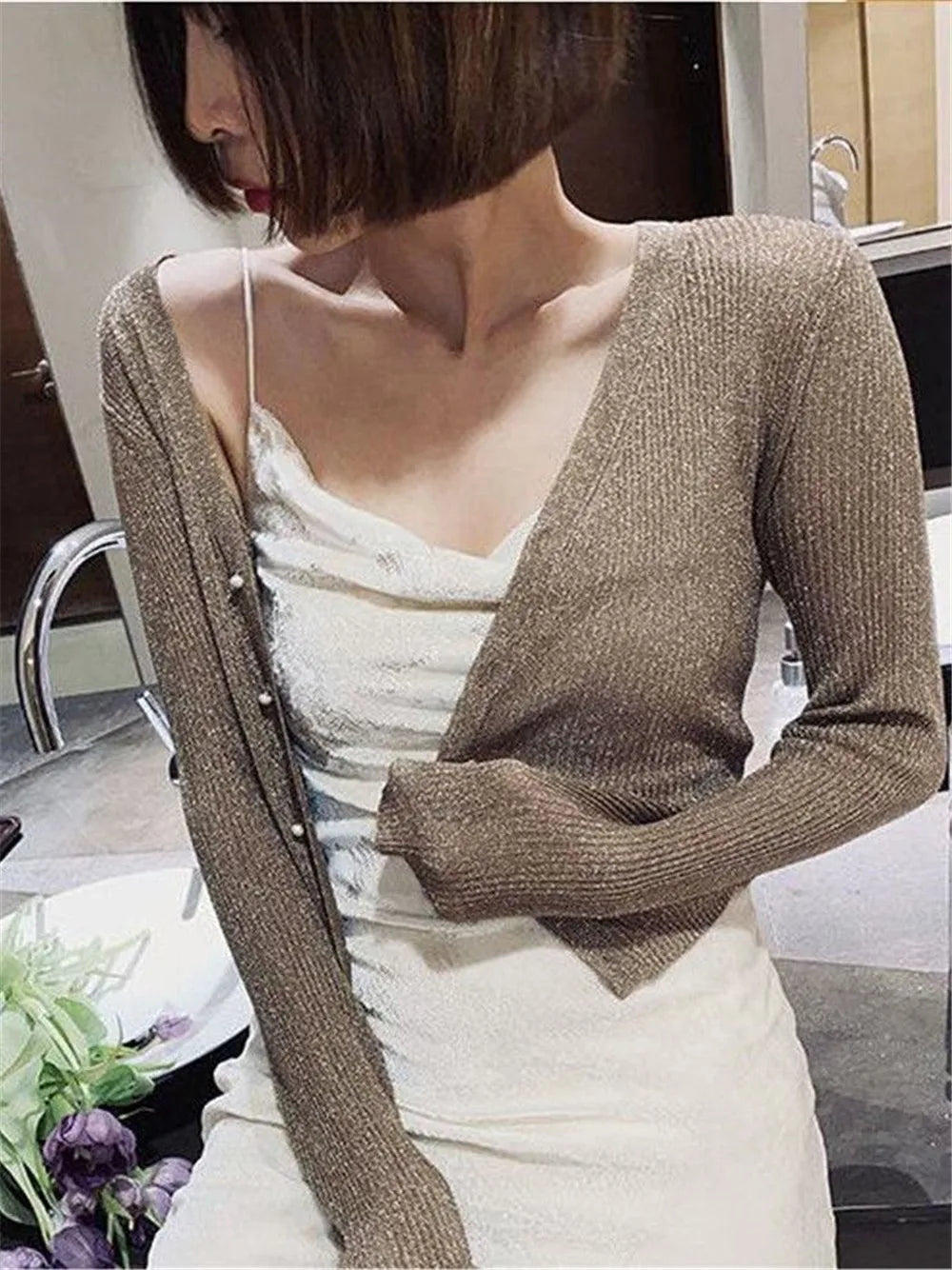 Silk Pearl Button V-Neck Cardigan