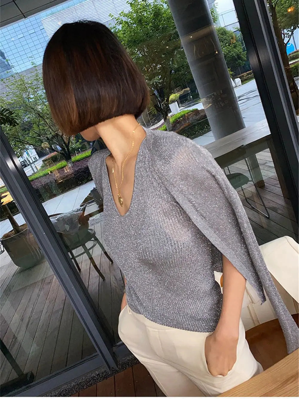 Silk Pearl Button V-Neck Cardigan