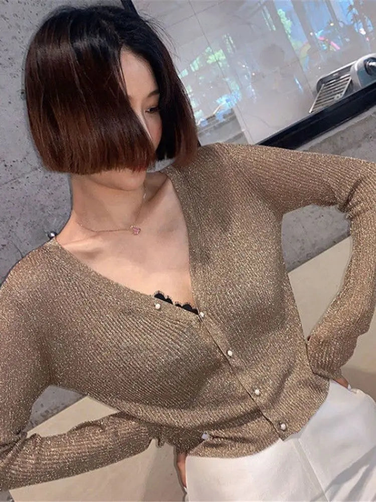 Silk Pearl Button V-Neck Cardigan