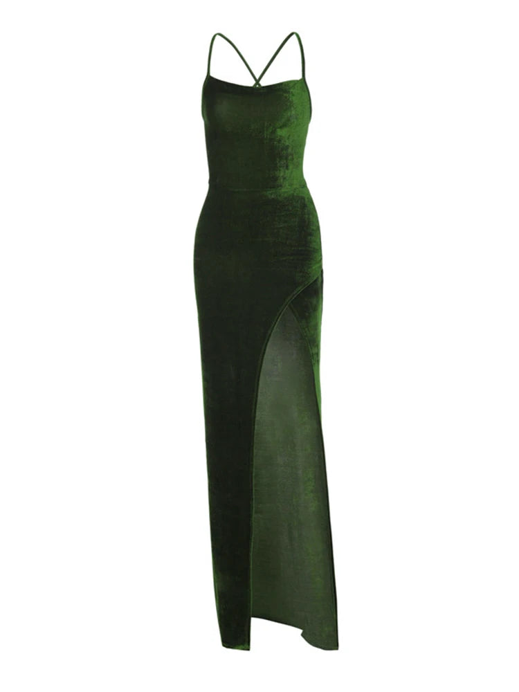 Green Velvet Lace-Up Maxi Dress - Backless Bodycon Party