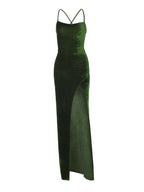 Green Velvet Lace-Up Maxi Dress - Backless Bodycon Party
