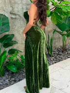 Green Velvet Lace-Up Maxi Dress - Backless Bodycon Party