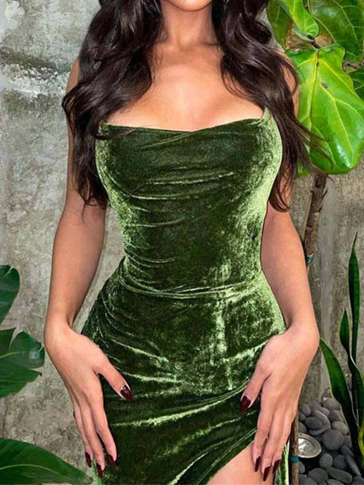 Green Velvet Lace-Up Maxi Dress - Backless Bodycon Party