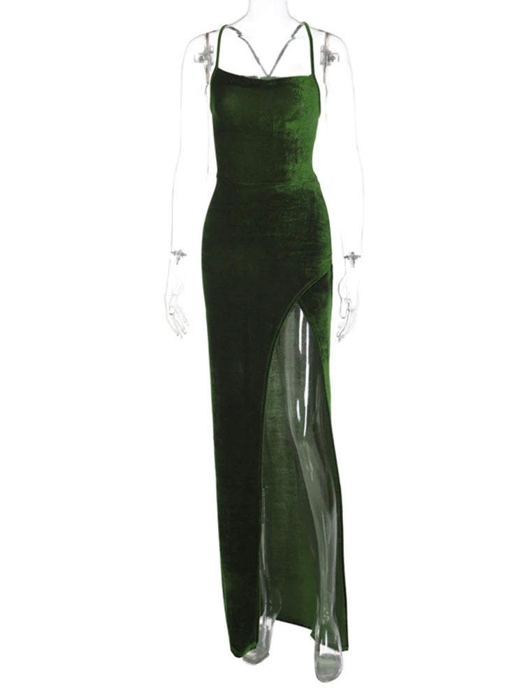 Green Velvet Lace-Up Maxi Dress - Backless Bodycon Party