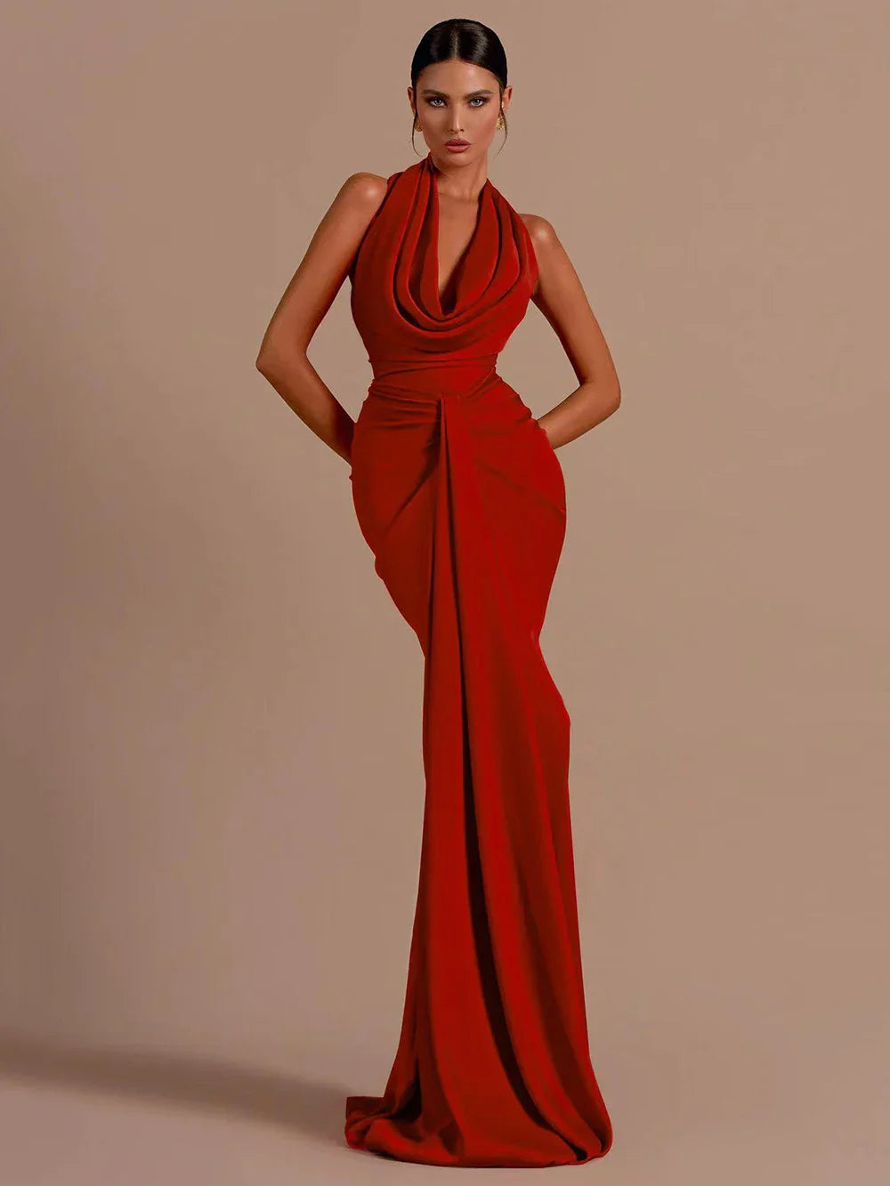 Backless Sleeveless Halter V-Neck Red Draped Maxi Bodycon Elegant Party Dress