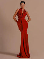 Backless Sleeveless Halter V-Neck Red Draped Maxi Bodycon Elegant Party Dress