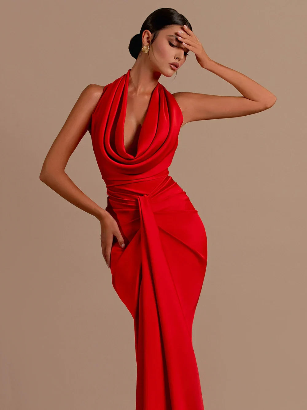 Backless Sleeveless Halter V-Neck Red Draped Maxi Bodycon Elegant Party Dress
