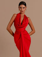 Backless Sleeveless Halter V-Neck Red Draped Maxi Bodycon Elegant Party Dress