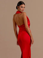 Backless Sleeveless Halter V-Neck Red Draped Maxi Bodycon Elegant Party Dress