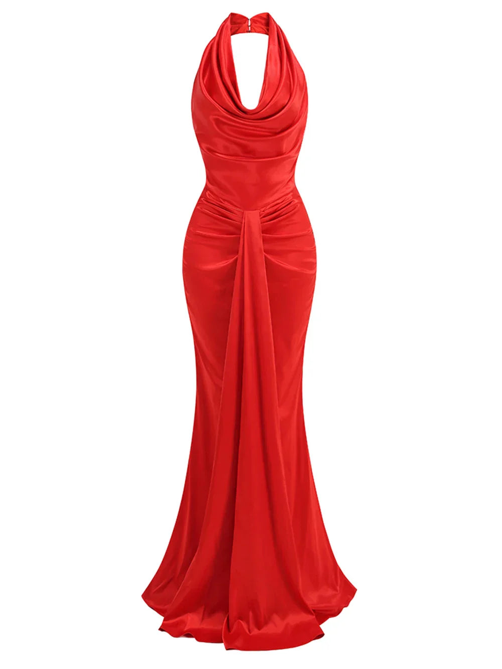 Backless Sleeveless Halter V-Neck Red Draped Maxi Bodycon Elegant Party Dress