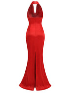 Backless Sleeveless Halter V-Neck Red Draped Maxi Bodycon Elegant Party Dress
