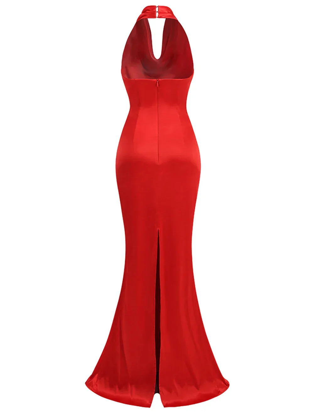 Backless Sleeveless Halter V-Neck Red Draped Maxi Bodycon Elegant Party Dress