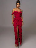 Mozision Elegant Ruffle Maxi Dress Women Spaghetti Strap Flower Party