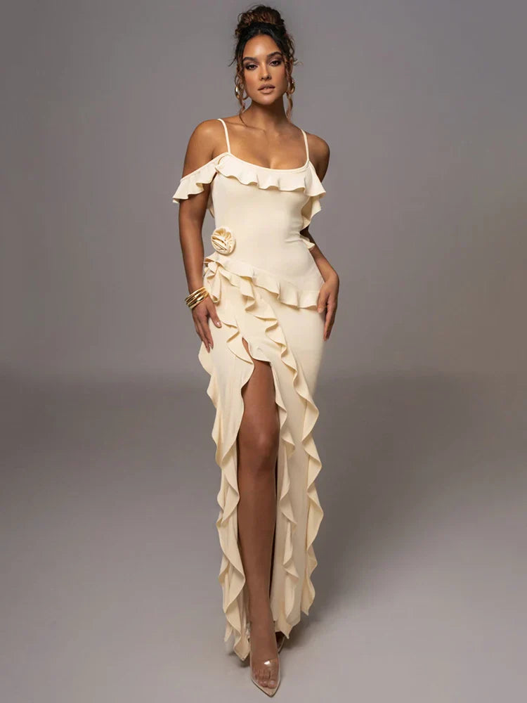 Mozision Elegant Ruffle Maxi Dress Women Spaghetti Strap Flower Party