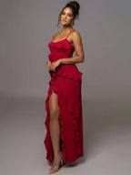 Mozision Elegant Ruffle Maxi Dress Women Spaghetti Strap Flower Party