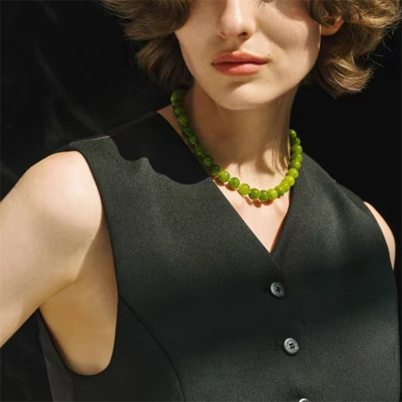 Green Natural Stone Round Beaded Necklace