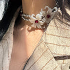 Iris Flower Silver Pearl Necklace