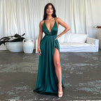 Satin V-Neck Waist-Cinching Split Dress Party