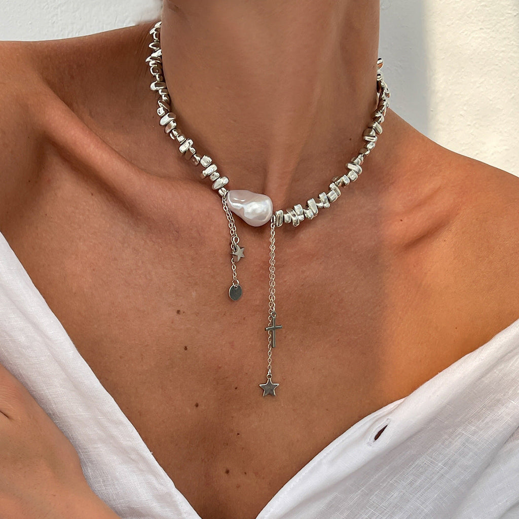 Minimalist Irregular Beaded Star Cross Tassel Necklace