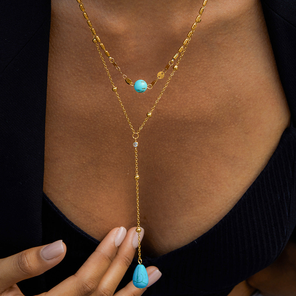 Titanium Blue Turquoise Double Layer Y-Shaped Necklace