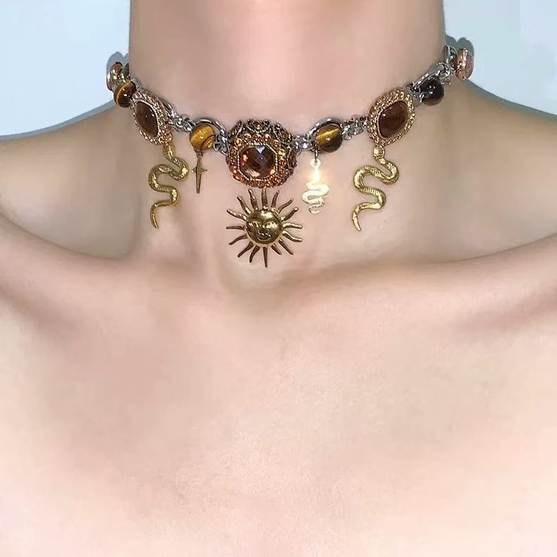 Double Layer Sunflower Cross Snake Necklace