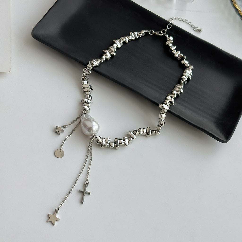 Minimalist Irregular Beaded Star Cross Tassel Necklace