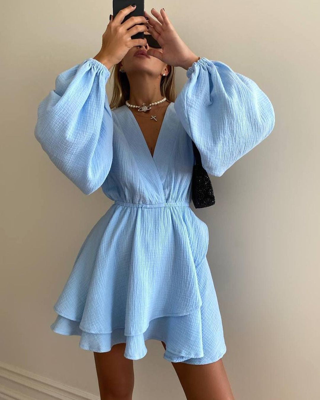 Solid Color Waist Cinching Mini Dress
