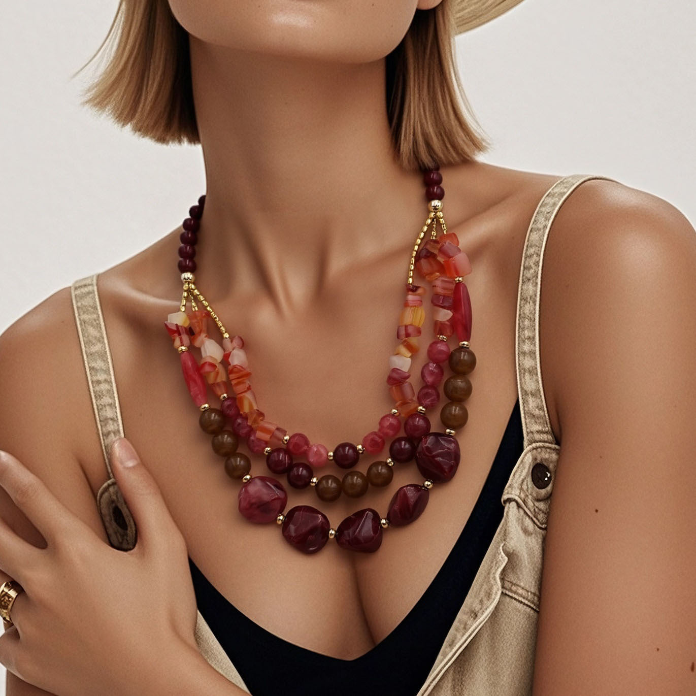 Two Tone Big Beaded Multi Layer Necklace