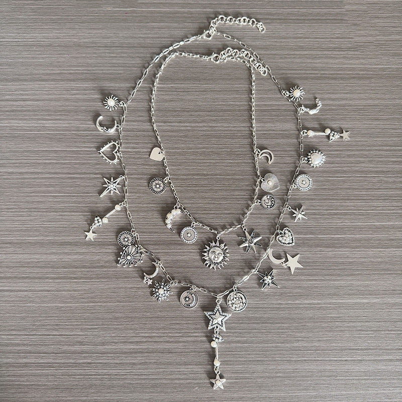 Vintage Heart Sun Moon Tassel Necklace