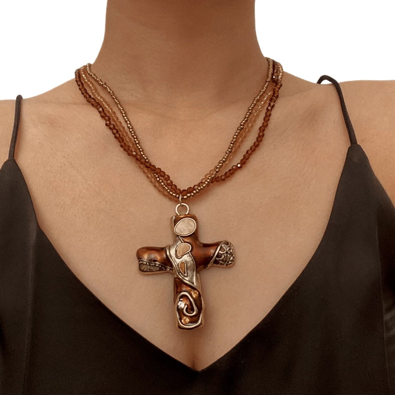 Gothic Cross Multi Layer Beaded Necklace