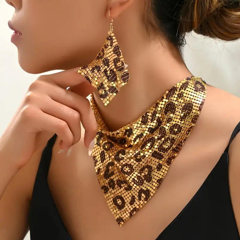 Leopard Print Sequin Triangle Scarf Necklace