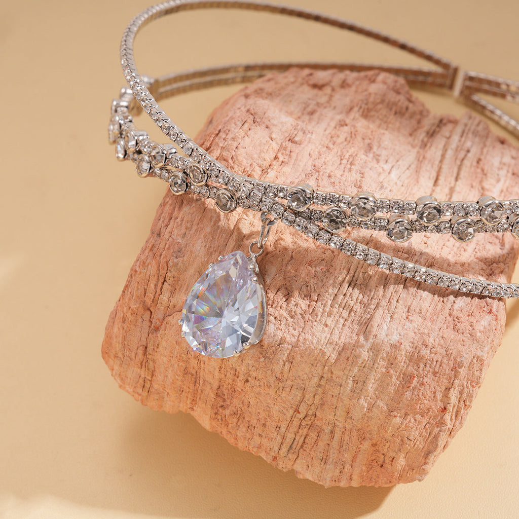 Zircon Rhinestone Waterdrop Crisscross Double Layer Necklace