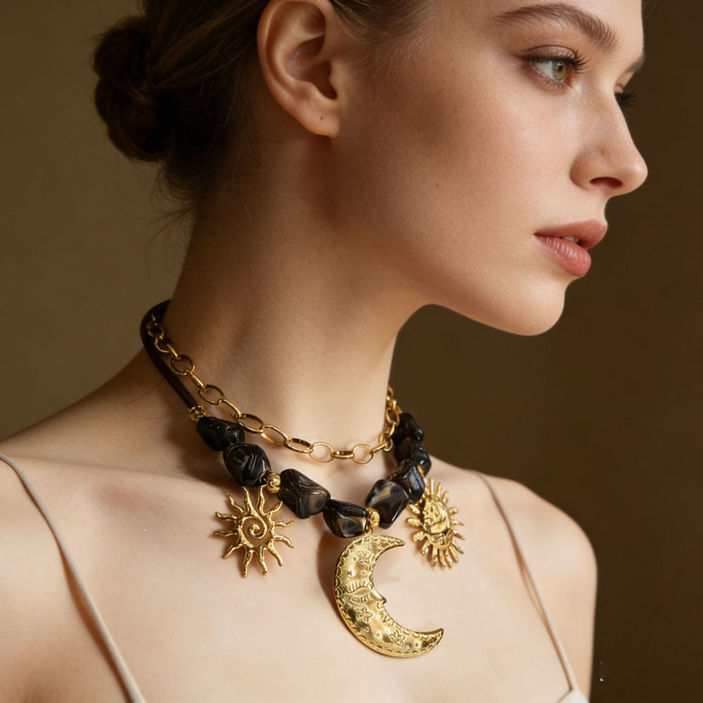 Sun Moon Stainless Steel Resin Beaded Necklace