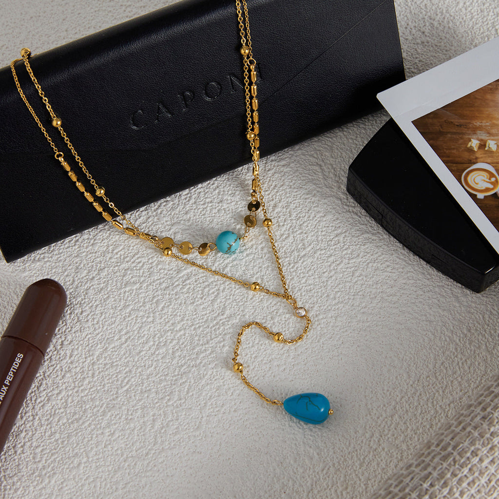 Titanium Blue Turquoise Double Layer Y-Shaped Necklace