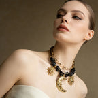 Sun Moon Stainless Steel Resin Beaded Necklace