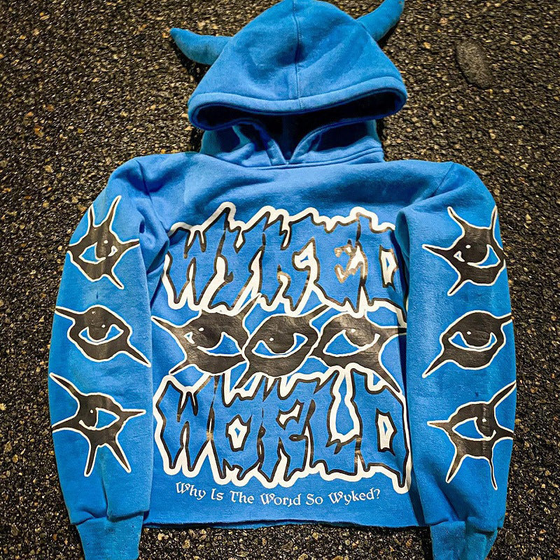 Y2K Street Print Devil Horn Hoodie