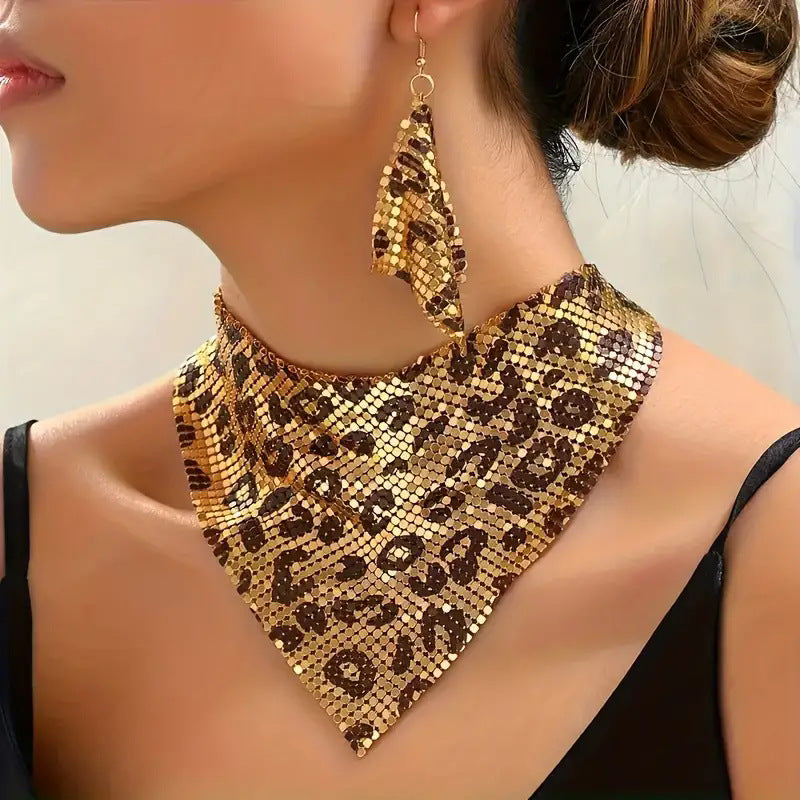 Leopard Print Sequin Triangle Scarf Necklace